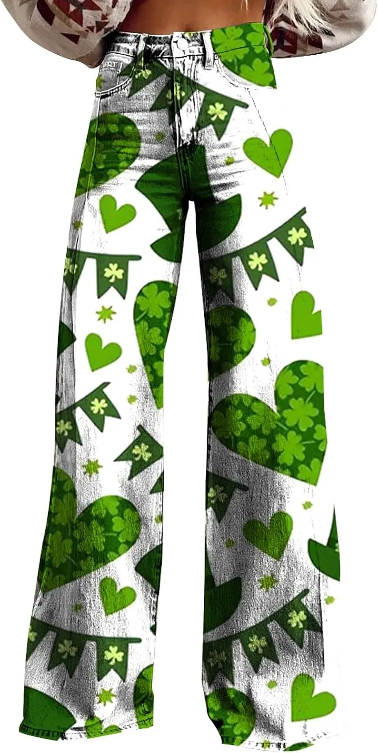 St Patricks Day Outfits for Women Shamrock Prints Patch Mid Waist High Waist Floral Patterned Pants Casual Work