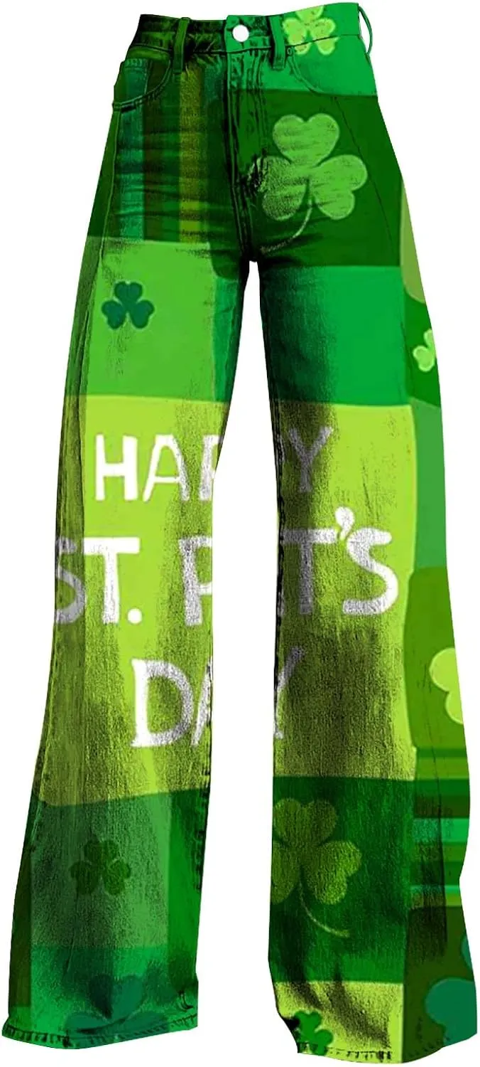 St Patricks Day Outfits for Women Shamrock Prints Patch Mid Waist High Waist Floral Patterned Pants Casual Work