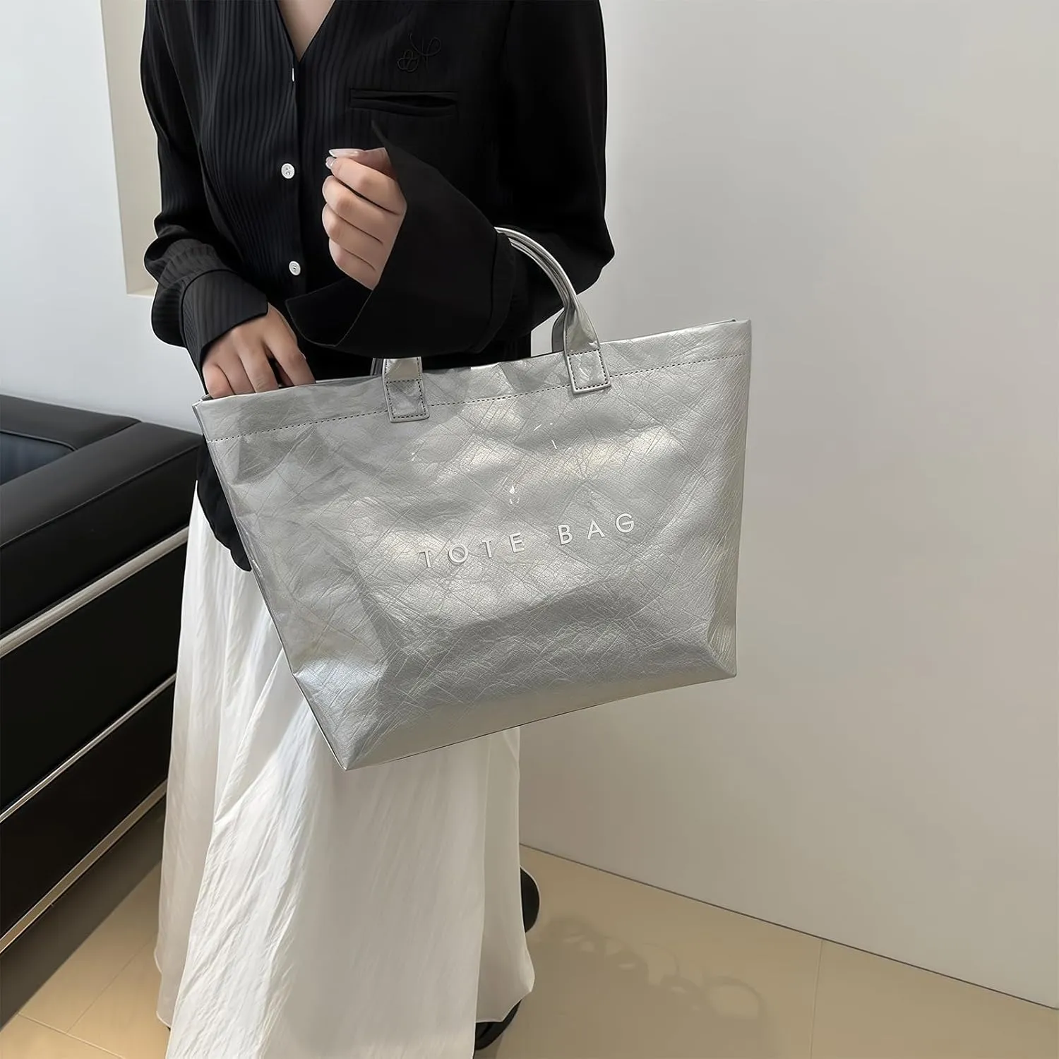 Stellaya Tote Bag, 2025 New PVC Kraft Paper Tote Bag for Womens, Letters Print Tote Bags, Large Shopping Hobo Handbags