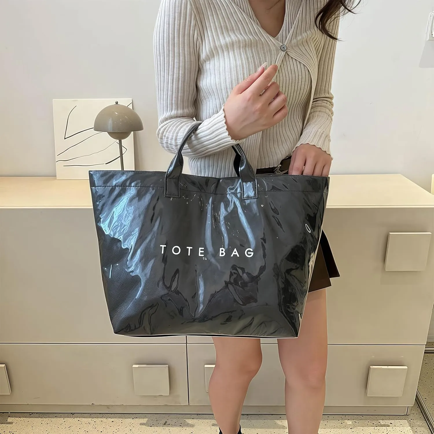 Stellaya Tote Bag, 2025 New PVC Kraft Paper Tote Bag for Womens, Letters Print Tote Bags, Large Shopping Hobo Handbags