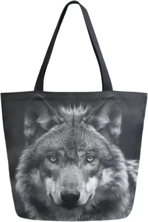 Stylish Extra Large Shoulder Grocery Tote Bag, 3d Wolf in Black Canvas Daily Handle Bag for Gym Weekender Beach Travel Kitchen Reusable Market Shopping