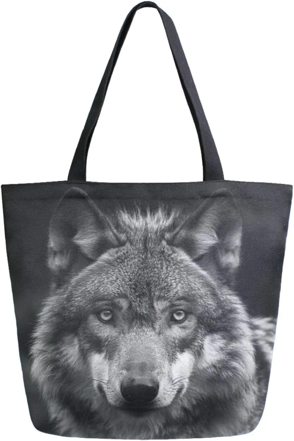 Stylish Extra Large Shoulder Grocery Tote Bag, 3d Wolf in Black Canvas Daily Handle Bag for Gym Weekender Beach Travel Kitchen Reusable Market Shopping