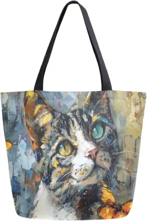 Stylish Extra Large Shoulder Grocery Tote Bag, Art Painting Cat Butterfly Canvas Daily Handle Bag for Gym Weekender Beach Travel Kitchen Reusable Market Shopping
