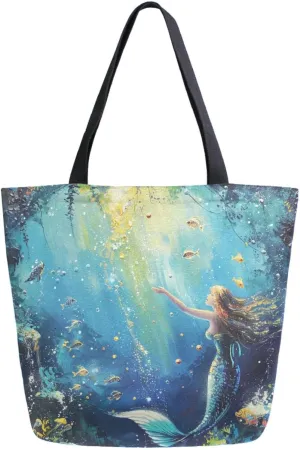 Stylish Extra Large Shoulder Grocery Tote Bag, Fairy Magic Mermaid Deep Ocean Canvas Daily Handle Bag for Gym Weekender Beach Travel Kitchen Reusable Market Shopping