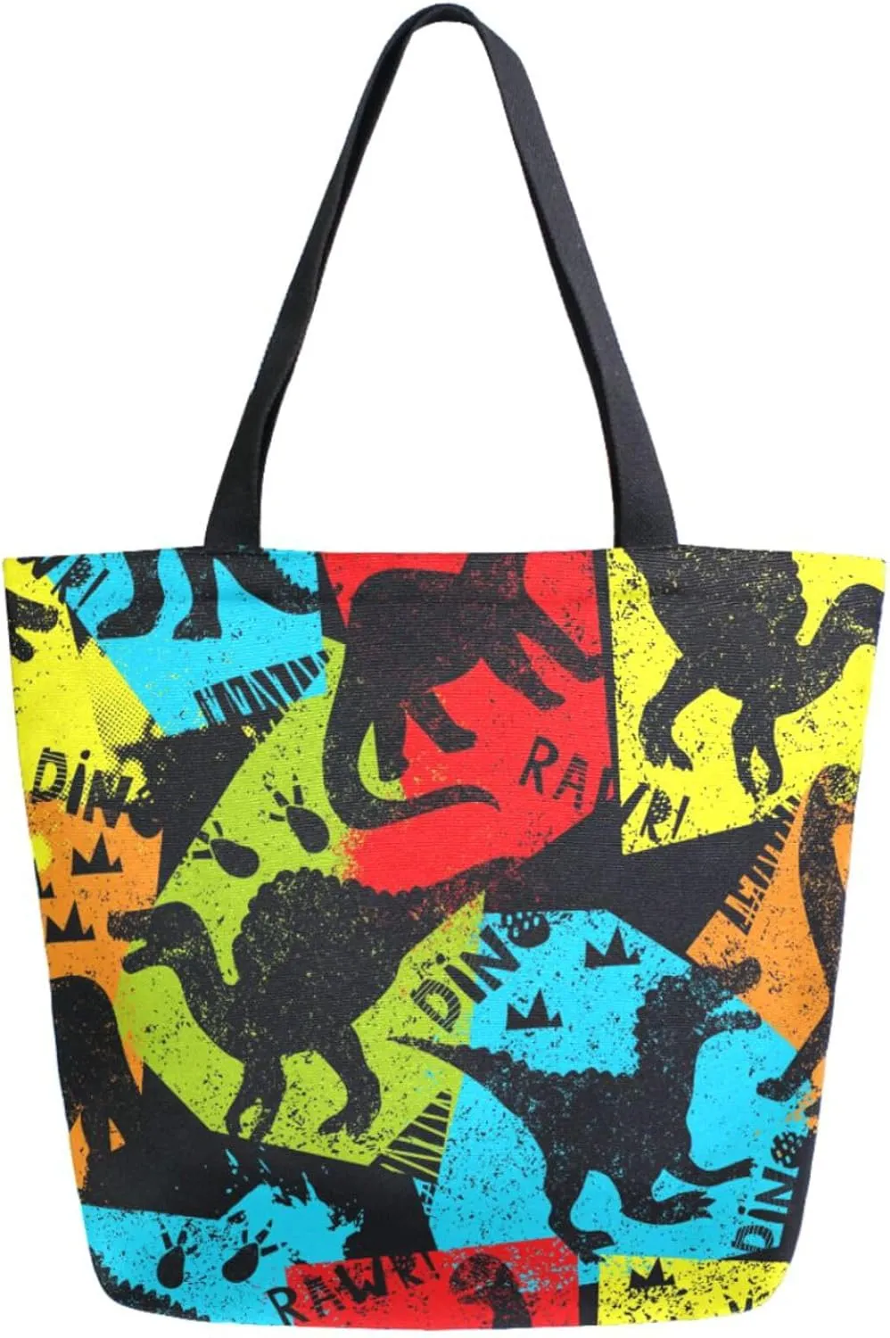 Stylish Extra Large Shoulder Grocery Tote Bag, Grunge Dinosaur Red Blue Orange Canvas Daily Handle Bag for Gym Yoga Weekender Beach Travel Picnic Kitchen Reusable Market Shopping