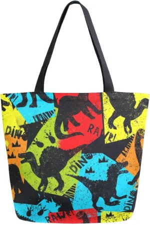 Stylish Extra Large Shoulder Grocery Tote Bag, Grunge Dinosaur Red Blue Orange Canvas Daily Handle Bag for Gym Yoga Weekender Beach Travel Picnic Kitchen Reusable Market Shopping