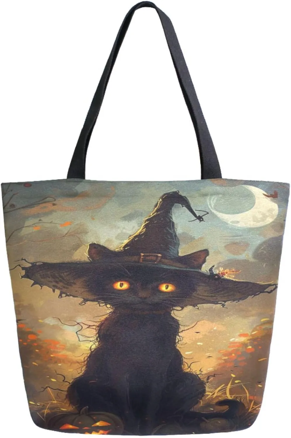 Stylish Extra Large Shoulder Grocery Tote Bag, Halloween Cat in Witch's Hat Canvas Daily Handle Bag for Gym Weekender Beach Travel Kitchen Reusable Market Shopping