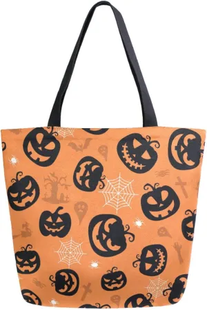 Stylish Extra Large Shoulder Grocery Tote Bag, Halloween Symbols Pumpkin Spider Canvas Daily Handle Bag for Gym Yoga Weekender Beach Travel Picnic Kitchen Reusable Market Shopping