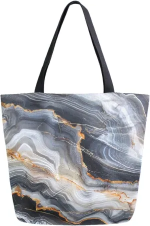 Stylish Extra Large Shoulder Grocery Tote Bag, Luxury Wave Marble Natural Mineral Canvas Daily Handle Bag for Gym Weekender Beach Travel Kitchen Reusable Market Shopping