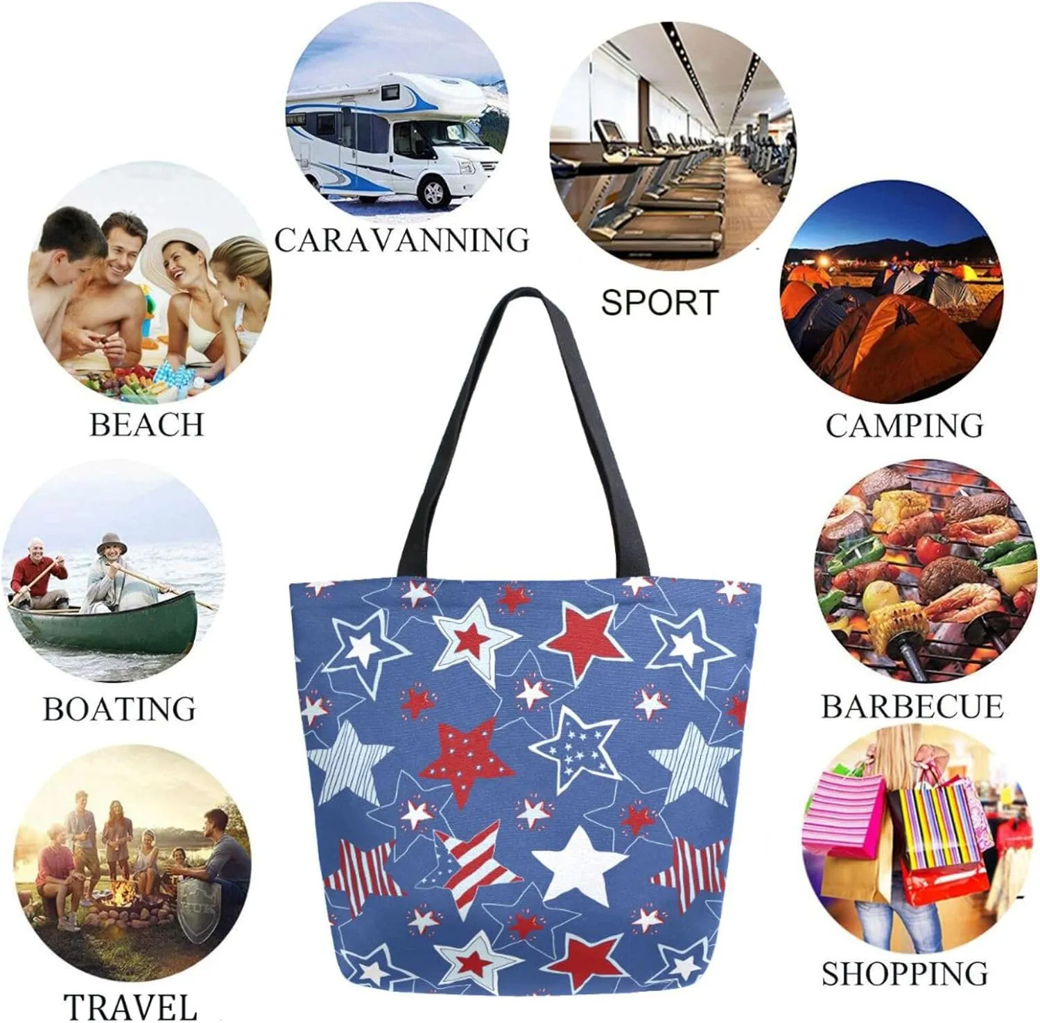 Stylish Extra Large Shoulder Grocery Tote Bag, Usa Flag American Patriotic Stars and Stripes Canvas Daily Handle Bag for Gym Yoga Weekender Beach Travel Picnic Kitchen Reusable Market Shopping