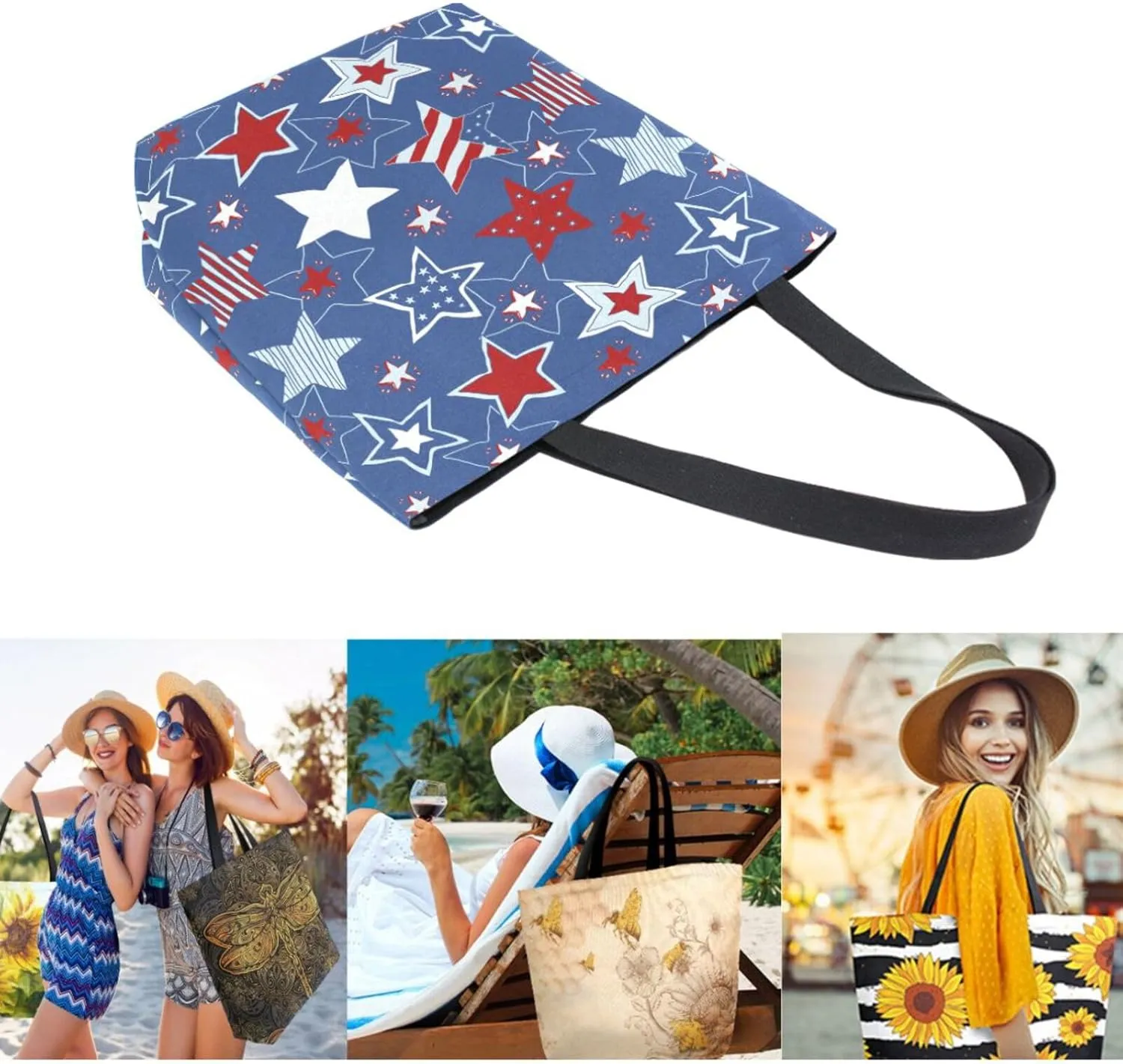 Stylish Extra Large Shoulder Grocery Tote Bag, Usa Flag American Patriotic Stars and Stripes Canvas Daily Handle Bag for Gym Yoga Weekender Beach Travel Picnic Kitchen Reusable Market Shopping