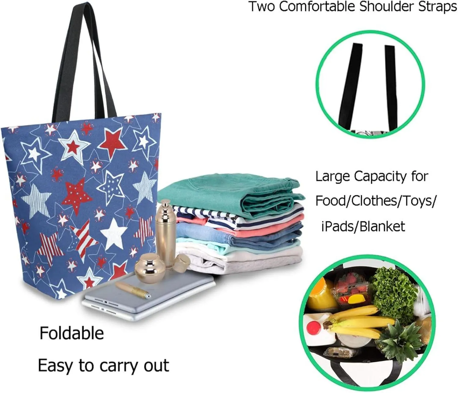 Stylish Extra Large Shoulder Grocery Tote Bag, Usa Flag American Patriotic Stars and Stripes Canvas Daily Handle Bag for Gym Yoga Weekender Beach Travel Picnic Kitchen Reusable Market Shopping