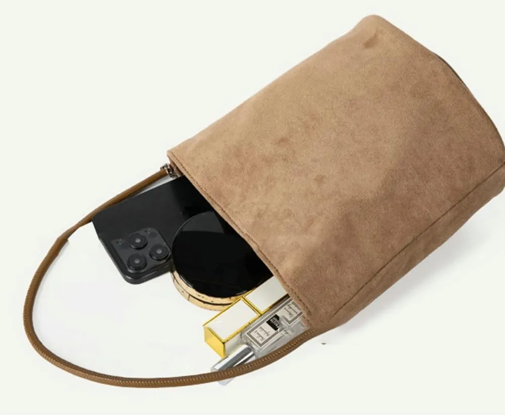 Suede Bucket Bag Shoulder Underarm Bag for Women Suede Satchels Handbag Crossbody Bag Slouchy Shoulder Bag Tote Purse