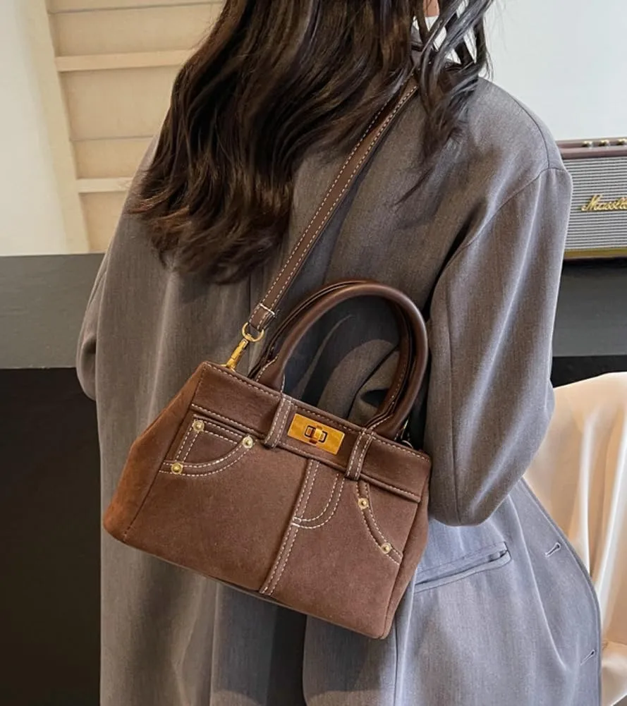 Suede Satchels Shoulder Bag for Women Retro Suede Tote Bag Purse Crossbody Bag Winter Fall Suede Top-handle Handbag Tote Bag