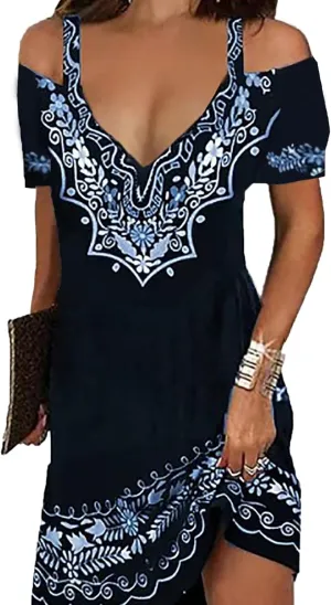 Summer Dresses for Women 2025 Cold Shoulder V Neck Vintage Print A-Line Dress Beach Vacation Boho Mini Sundress