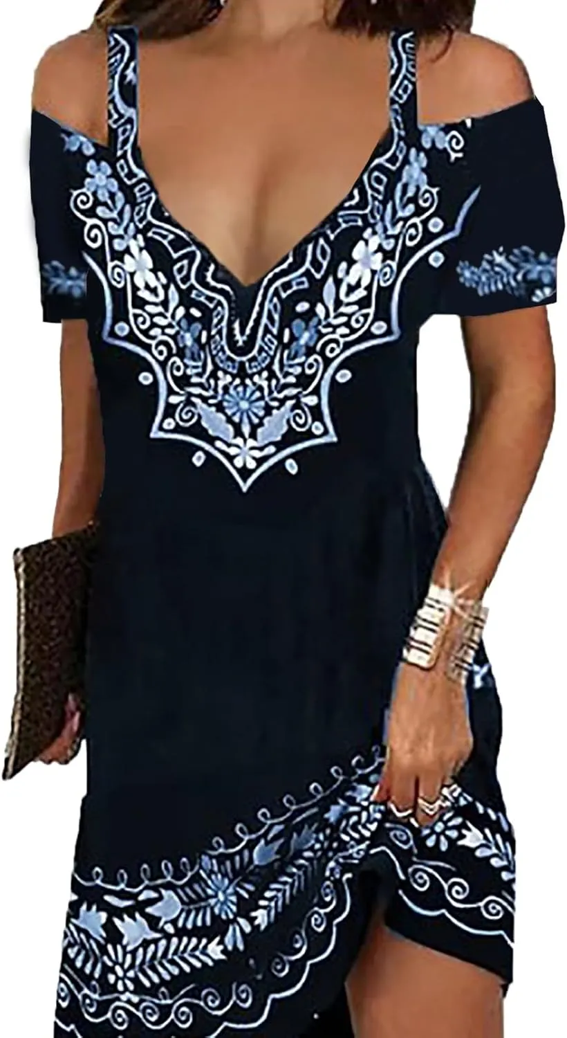 Summer Dresses for Women 2025 Cold Shoulder V Neck Vintage Print A-Line Dress Beach Vacation Boho Mini Sundress