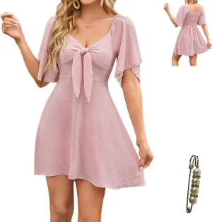 Sundresses For Women 2025 Beach Dress Casual Short Sleeve Bow Tie V Neck Ruffle Mini Dresses