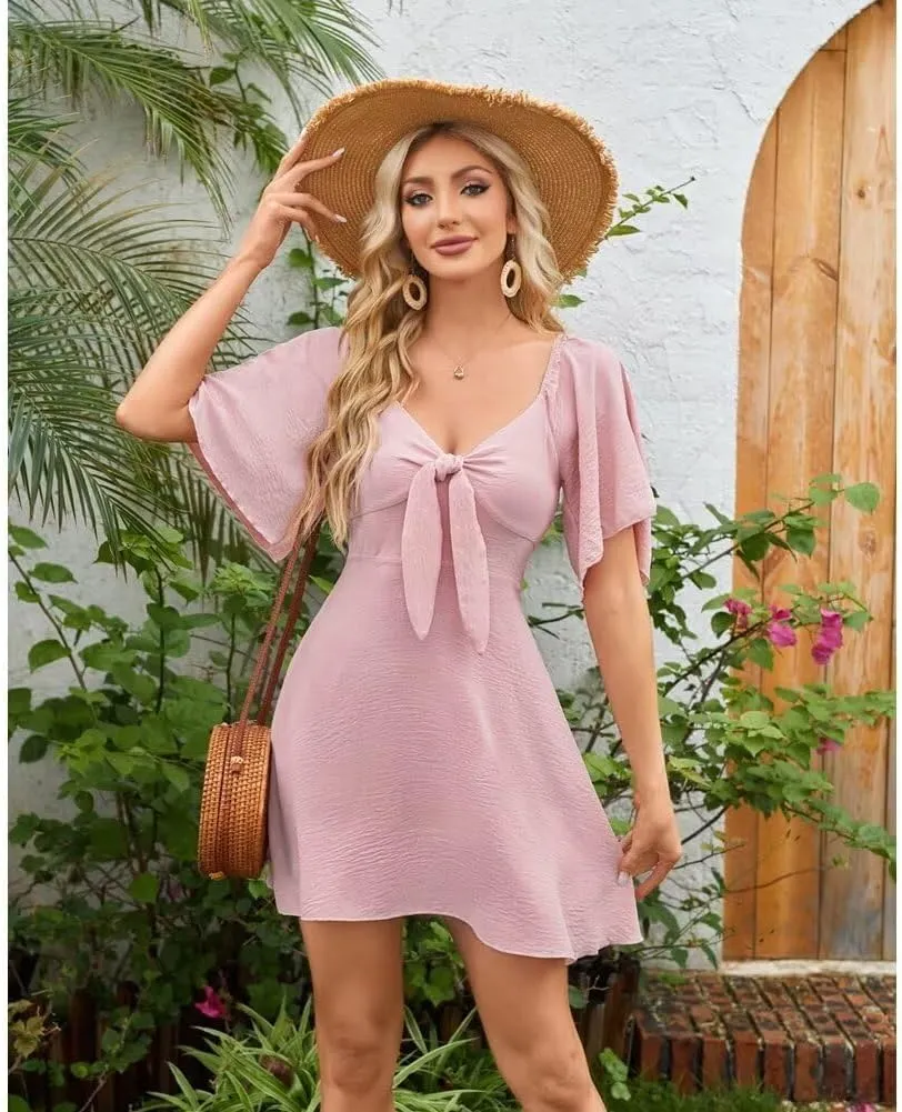 Sundresses For Women 2025 Beach Dress Casual Short Sleeve Bow Tie V Neck Ruffle Mini Dresses