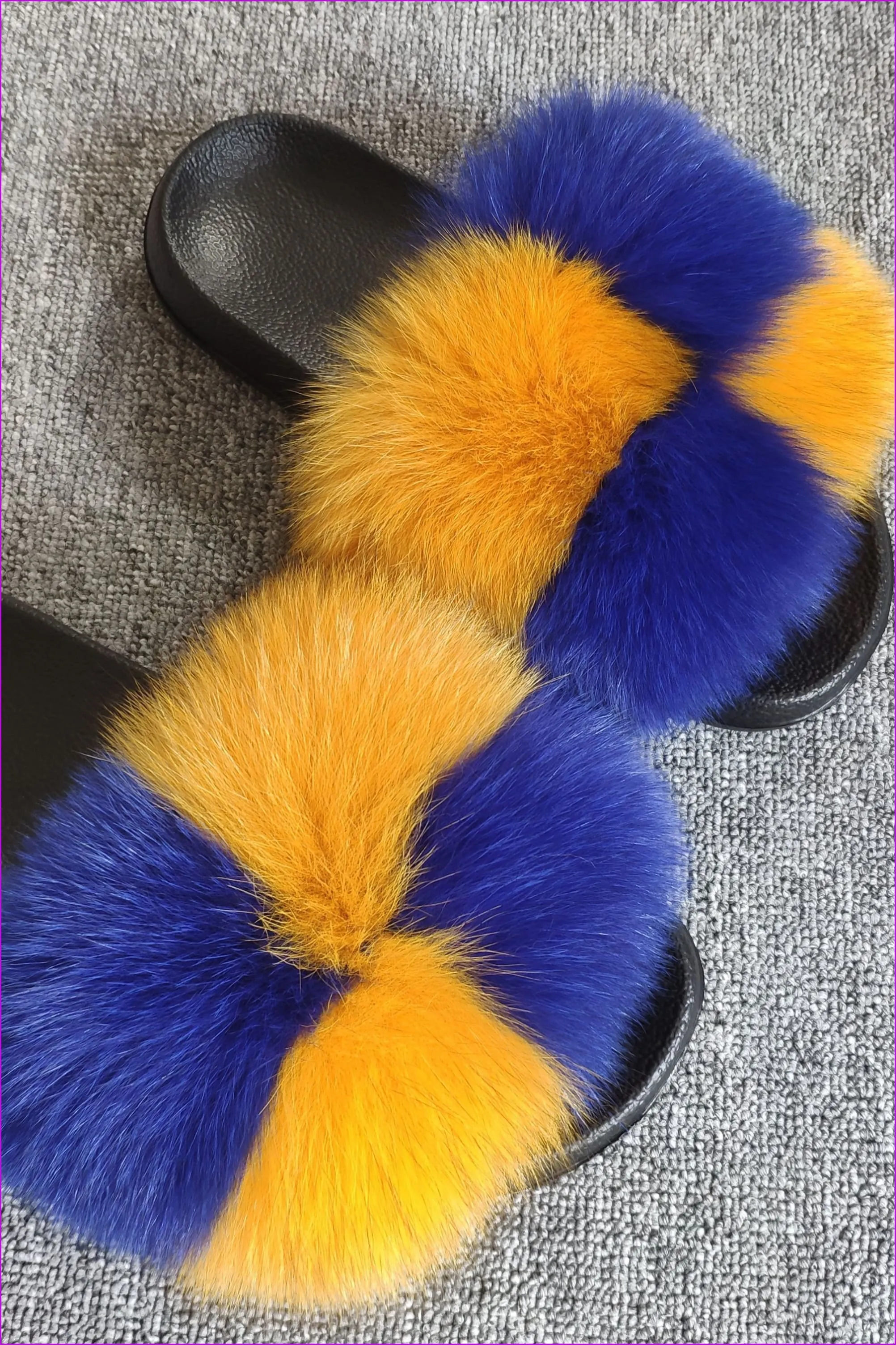 Super Fluffy Dark Yellow And Royal Blue #1 Fox Full-Pelt Fur Sliders DF035