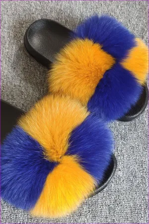 Super Fluffy Dark Yellow And Royal Blue #1 Fox Full-Pelt Fur Sliders DF035