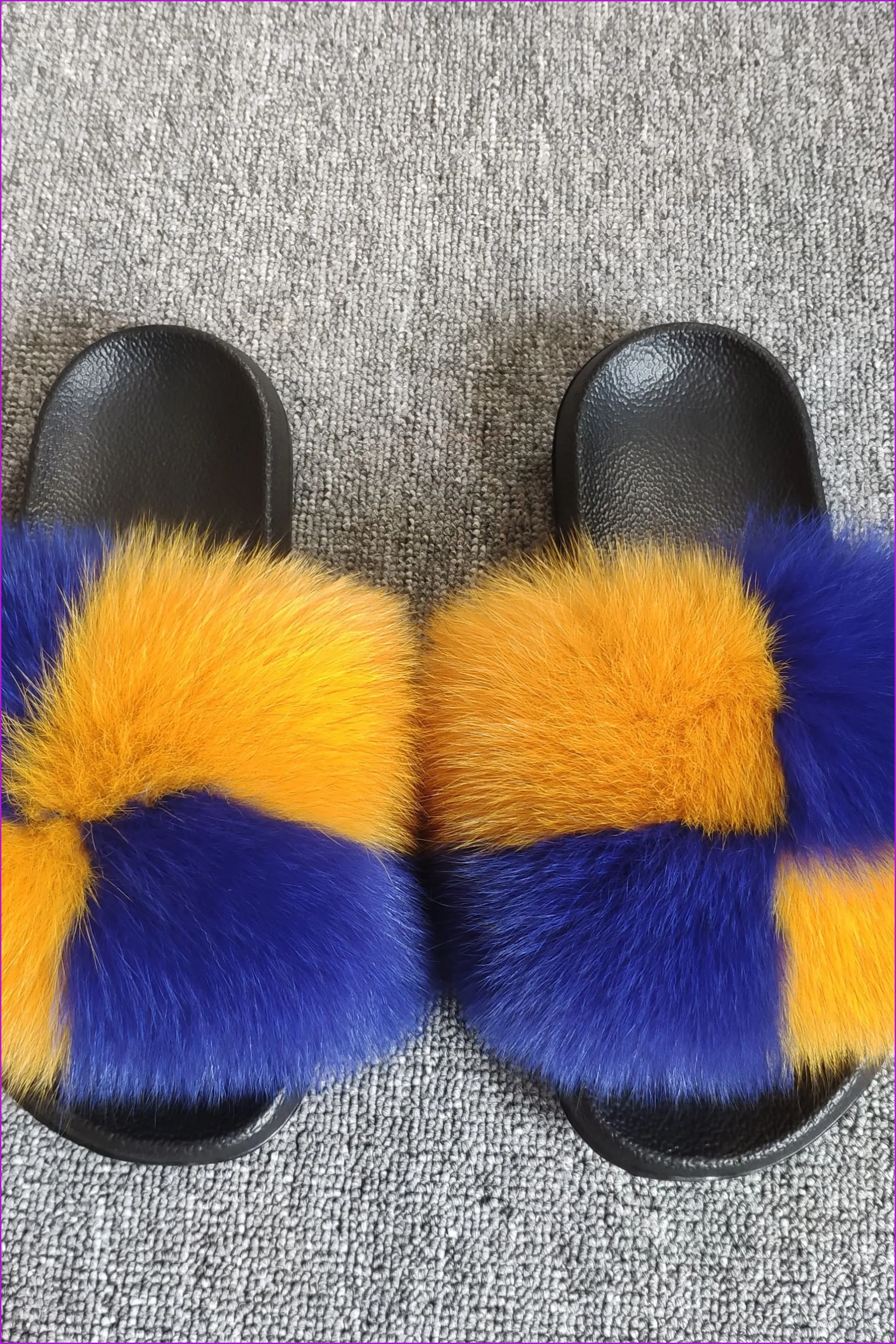 Super Fluffy Dark Yellow And Royal Blue #1 Fox Full-Pelt Fur Sliders DF035