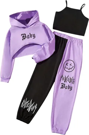 SweatyRocks Girl's 3 Piece Outfit Letter Graphic Hoodie Camisole and Sweatpants Sets Sweatsuit