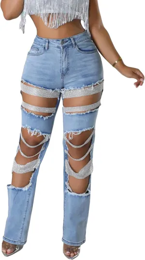 Tbahhir Women's High Waisted Ripped Jeans Y2k Boyfriend Pearl Chains Baggy Distressed Straight Leg Denim Pants Trousers