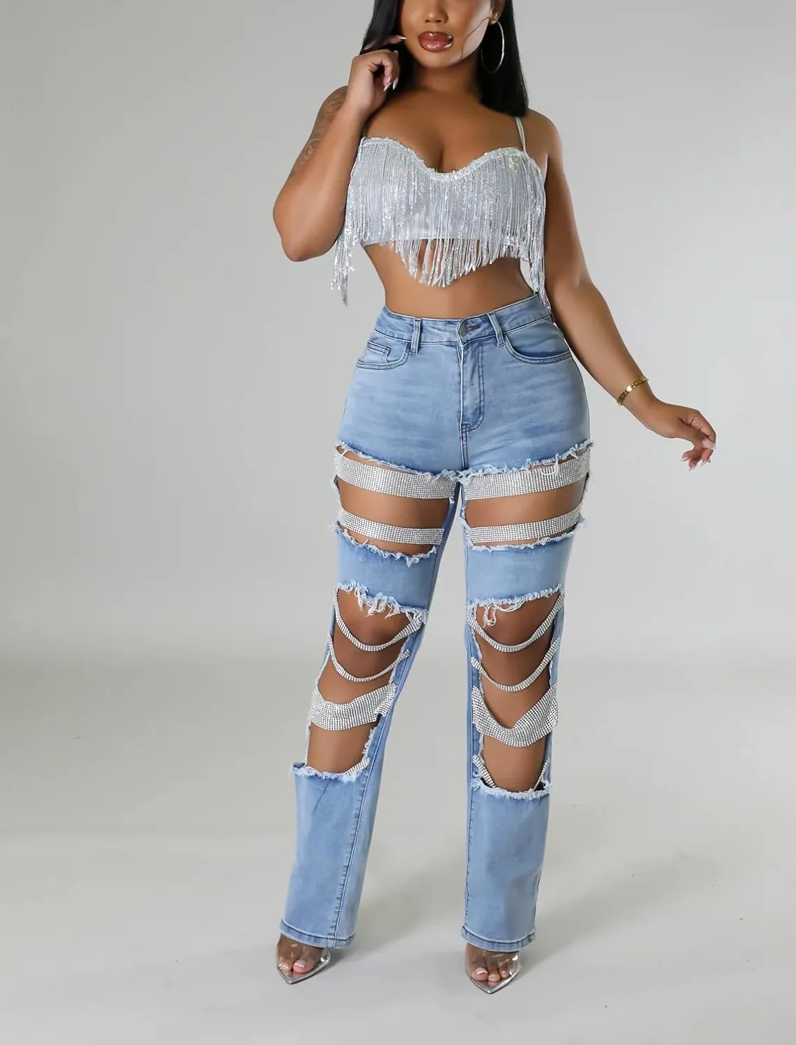 Tbahhir Women's High Waisted Ripped Jeans Y2k Boyfriend Pearl Chains Baggy Distressed Straight Leg Denim Pants Trousers