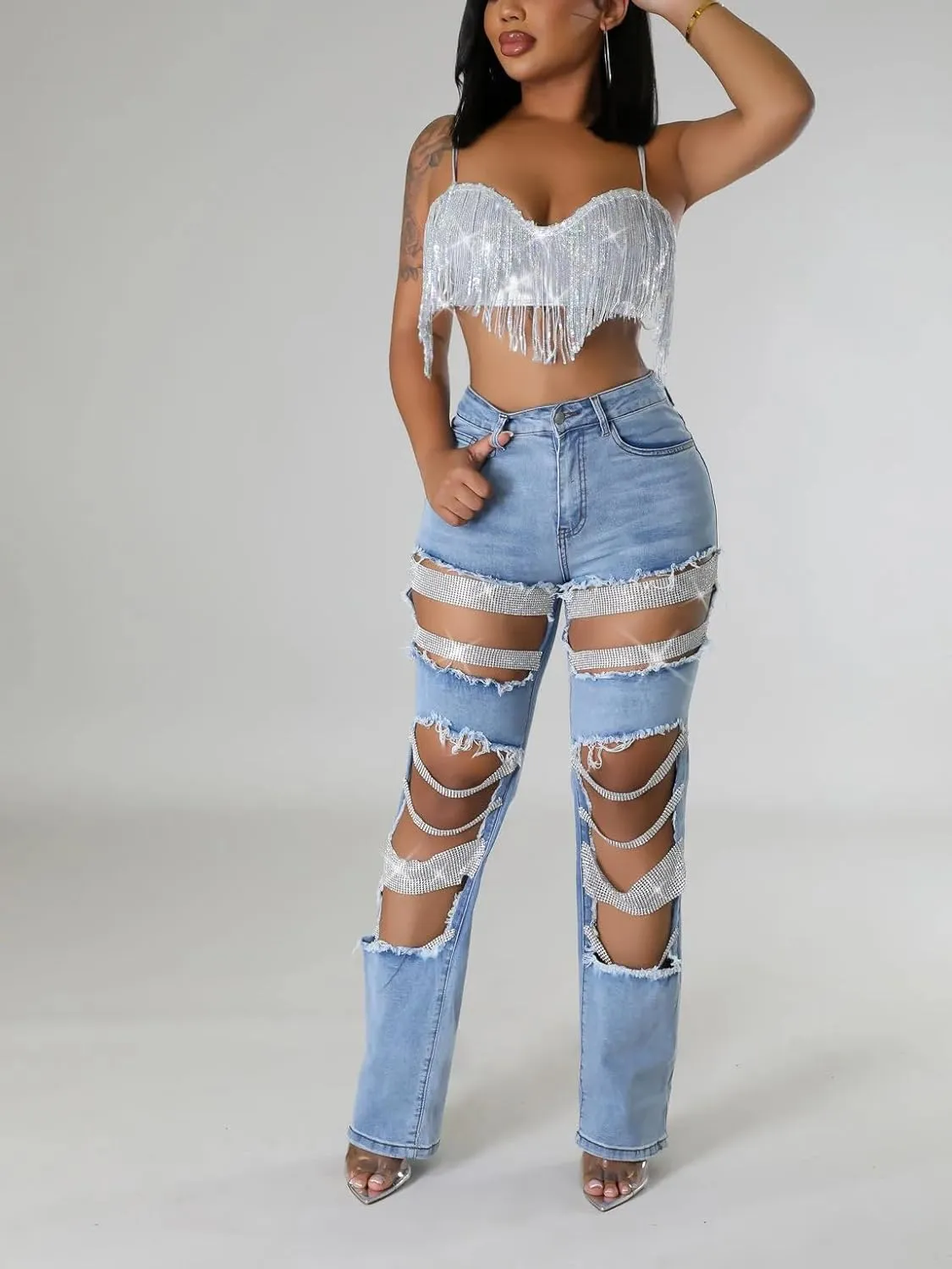 Tbahhir Women's High Waisted Ripped Jeans Y2k Boyfriend Pearl Chains Baggy Distressed Straight Leg Denim Pants Trousers