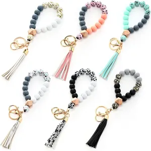 Tondiamo 6 Pcs Silicone Wristlet Keychain for Women Cute Car Key Ring Bracelet Beaded Bangle Chains with Leather Tassel