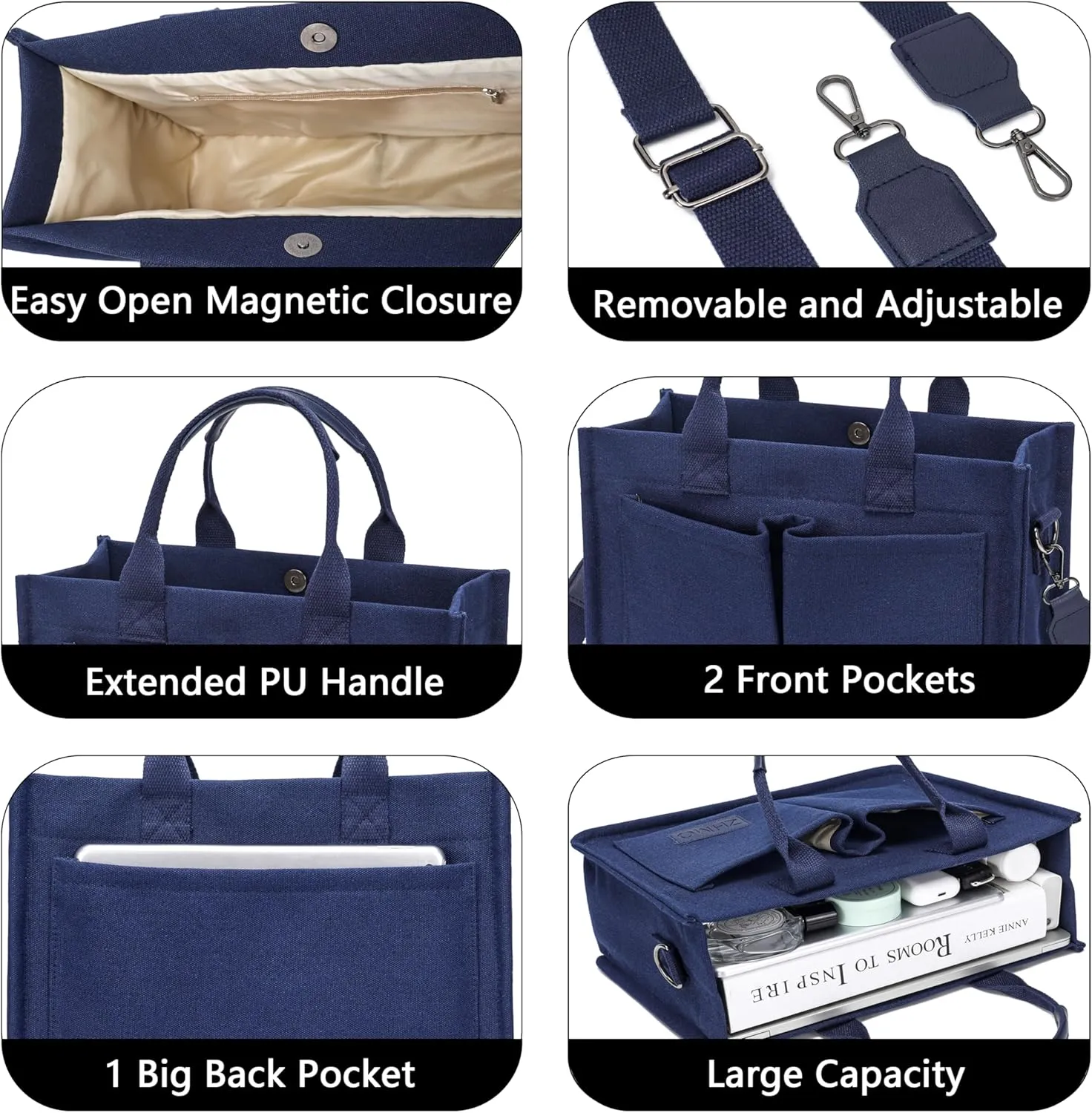 Tote Bag for Women With Compartments,Large Canvas Tote Women's Purse Crossbody Bags Work Laptop Book Bag Satchels Handbags