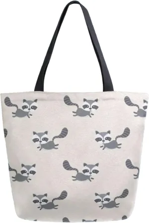 Trendy Extra Large Shoulder Grocery Tote Bag, Adorable Raccoon Brown Floral Canvas Daily Handle Bag for Gym Yoga Weekender Picnic Beach Travel Kitchen Reusable Market Shopping