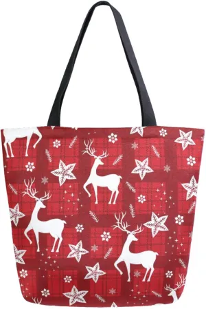 Trendy Extra Large Shoulder Grocery Tote Bag, Christmas Red Plaid Deers Snow Floral Canvas Daily Handle Bag for Gym Yoga Weekender Picnic Beach Travel Kitchen Reusable Market Shopping