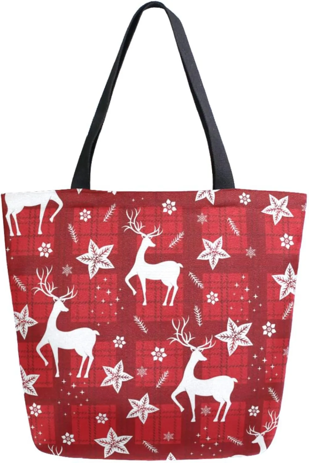 Trendy Extra Large Shoulder Grocery Tote Bag, Christmas Red Plaid Deers Snow Floral Canvas Daily Handle Bag for Gym Yoga Weekender Picnic Beach Travel Kitchen Reusable Market Shopping