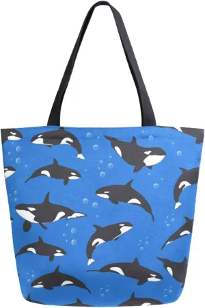 Trendy Extra Large Shoulder Grocery Tote Bag, Deep Ocean Killer Whale Blue Canvas Daily Handle Bag for Gym Yoga Weekender Picnic Beach Travel Kitchen Reusable Market Shopping