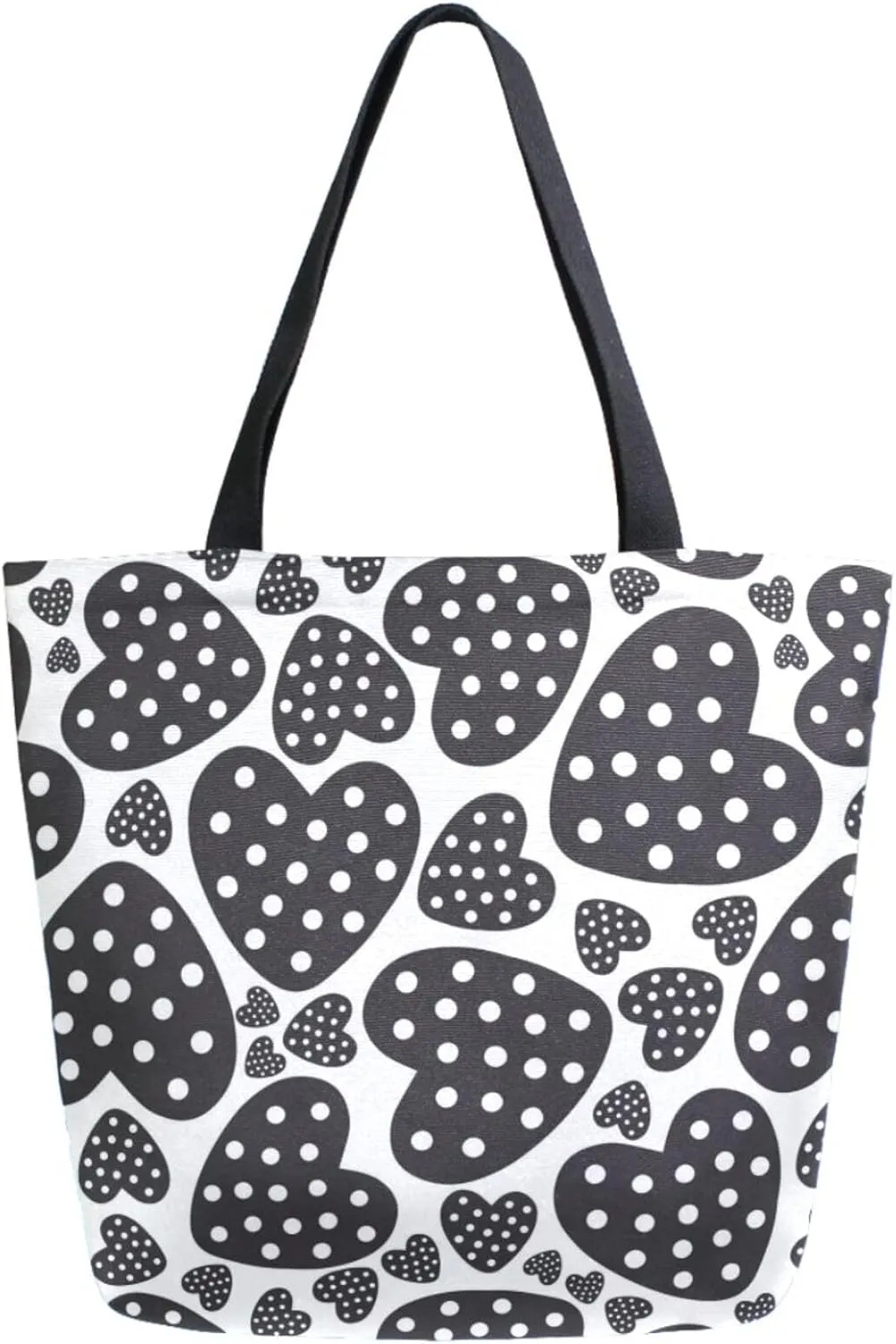 Trendy Extra Large Shoulder Grocery Tote Bag, Fashion Black Hearts in Floral Dots Canvas Daily Handle Bag for Gym Yoga Weekender Picnic Beach Travel Kitchen Reusable Market Shopping