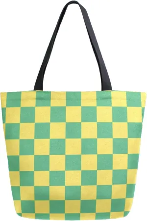 Trendy Extra Large Shoulder Grocery Tote Bag, Green Yellow Checks Canvas Daily Handle Bag for Gym Yoga Weekender Picnic Beach Travel Kitchen Reusable Market Shopping