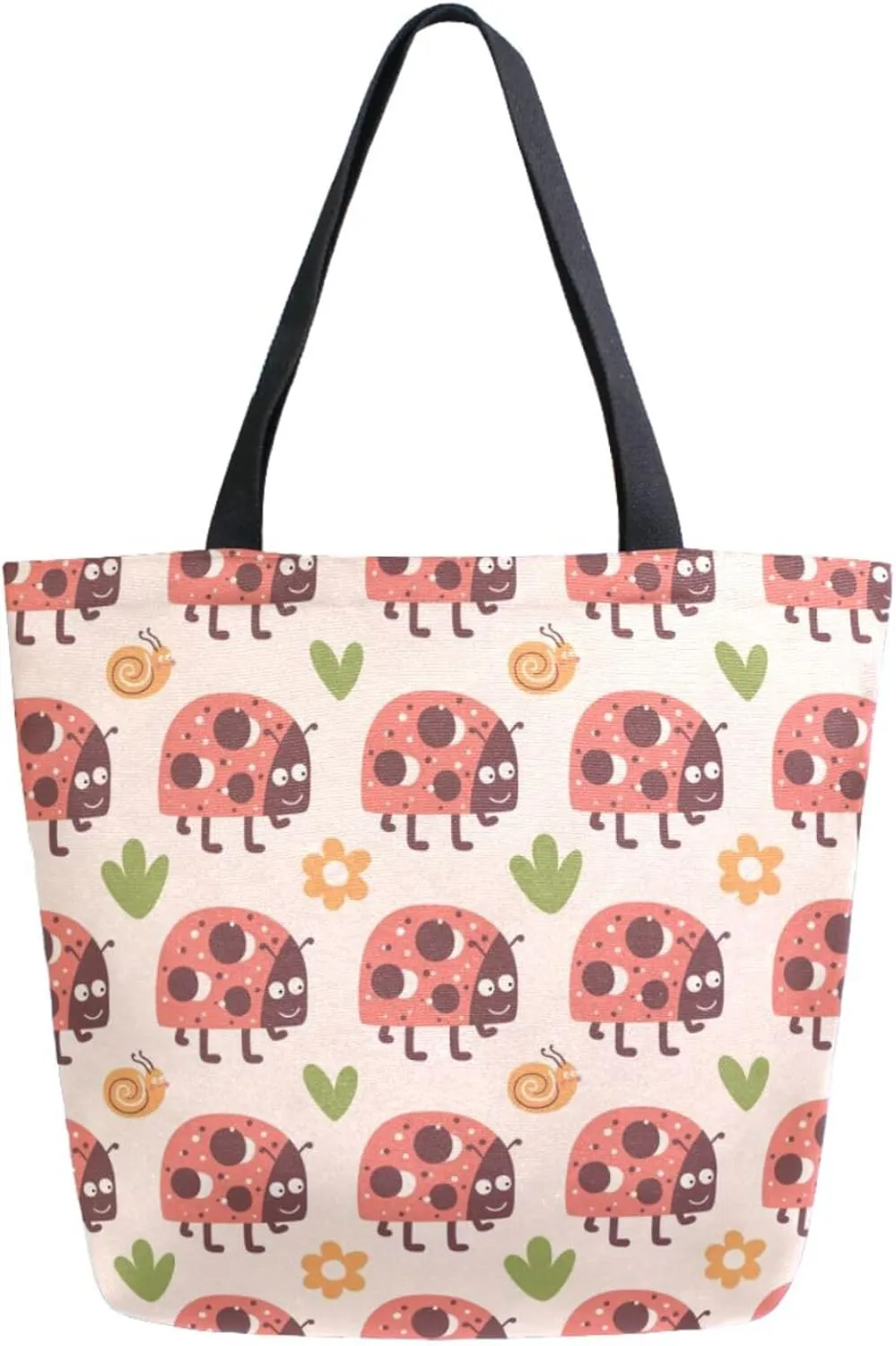 Trendy Extra Large Shoulder Grocery Tote Bag, Insect Cartoon Ladybugs Flowers Canvas Daily Handle Bag for Gym Yoga Weekender Picnic Beach Travel Kitchen Reusable Market Shopping