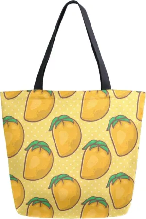 Trendy Extra Large Shoulder Grocery Tote Bag, Mango Sunner Fruit Dots Yellow Canvas Daily Handle Bag for Gym Yoga Weekender Picnic Beach Travel Kitchen Reusable Market Shopping