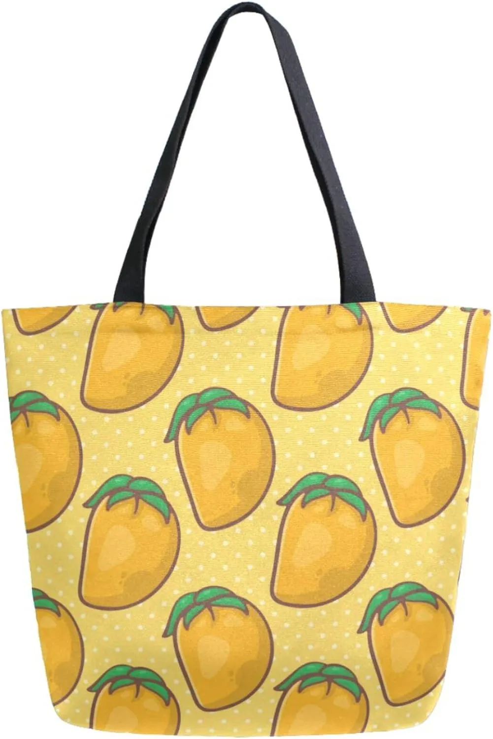 Trendy Extra Large Shoulder Grocery Tote Bag, Mango Sunner Fruit Dots Yellow Canvas Daily Handle Bag for Gym Yoga Weekender Picnic Beach Travel Kitchen Reusable Market Shopping
