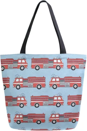 Trendy Extra Large Shoulder Grocery Tote Bag, Red Fire Fighting Trucks Pattern Canvas Daily Handle Bag for Gym Yoga Weekender Picnic Beach Travel Kitchen Reusable Market Shopping