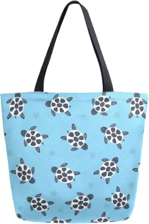 Trendy Extra Large Shoulder Grocery Tote Bag, Sealife Turtles Seastars Blue Ocean Canvas Daily Handle Bag for Gym Yoga Weekender Picnic Beach Travel Kitchen Reusable Market Shopping