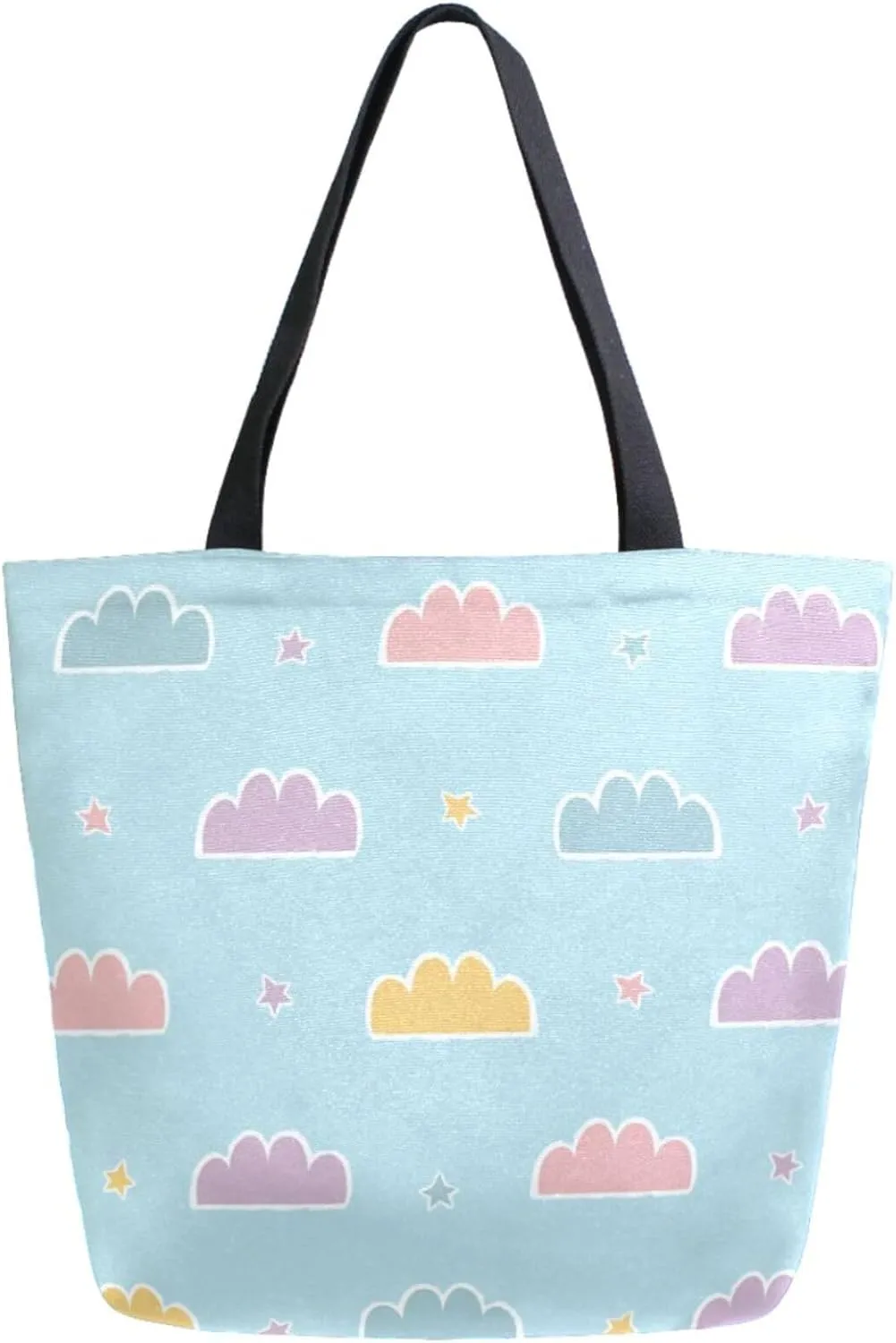 Trendy Extra Large Shoulder Grocery Tote Bag, Sweet Colorful Clouds Sky Blue Canvas Daily Handle Bag for Gym Yoga Weekender Picnic Beach Travel Kitchen Reusable Market Shopping