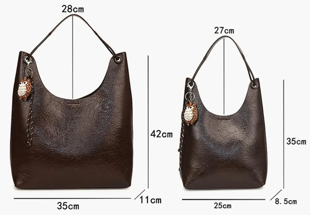 Trendy Leather Bucket Tote Bag for Women Retro Shoulder Bag Top Handle Purse Work Commuter Handbag Large Capacity 2 Pcs