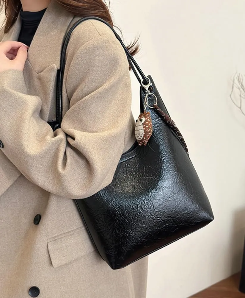 Trendy Leather Bucket Tote Bag for Women Retro Shoulder Bag Top Handle Purse Work Commuter Handbag Large Capacity 2 Pcs
