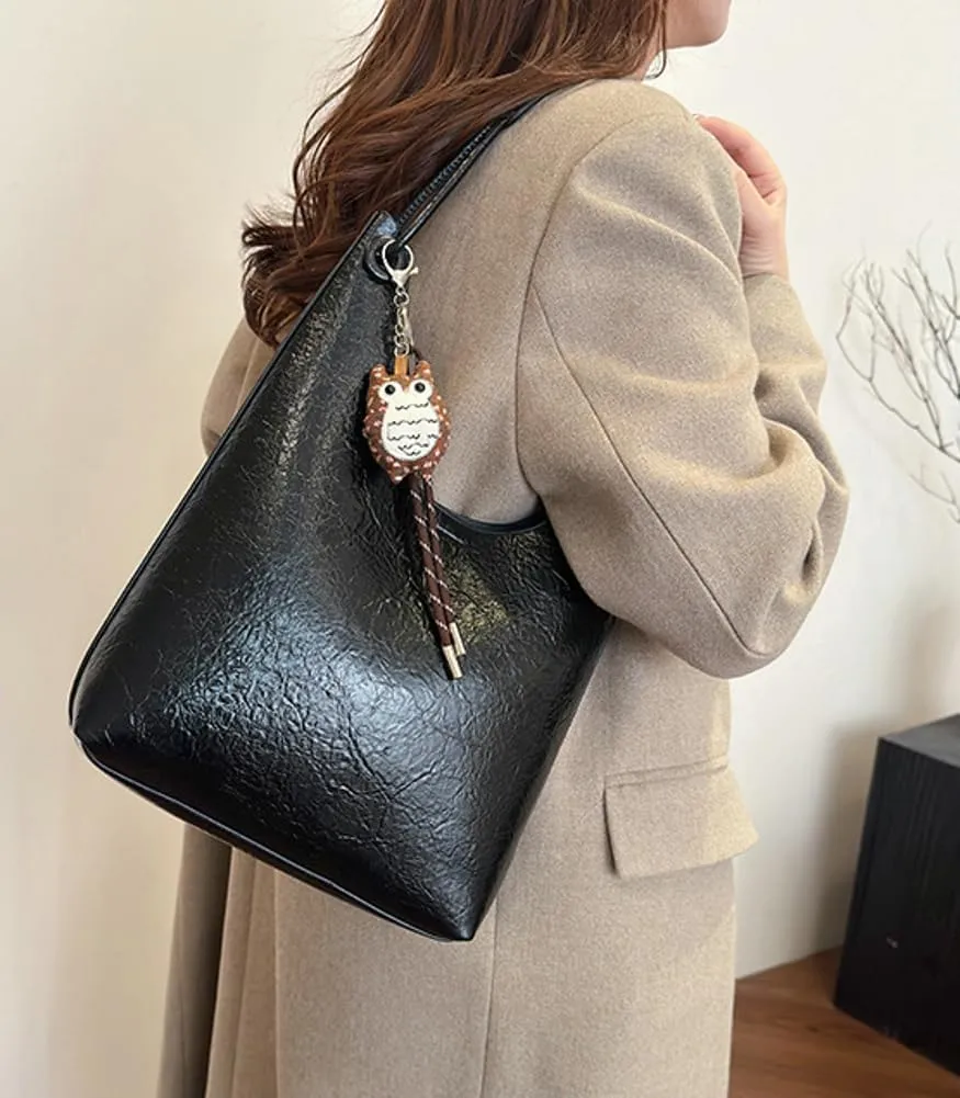 Trendy Leather Bucket Tote Bag for Women Retro Shoulder Bag Top Handle Purse Work Commuter Handbag Large Capacity 2 Pcs