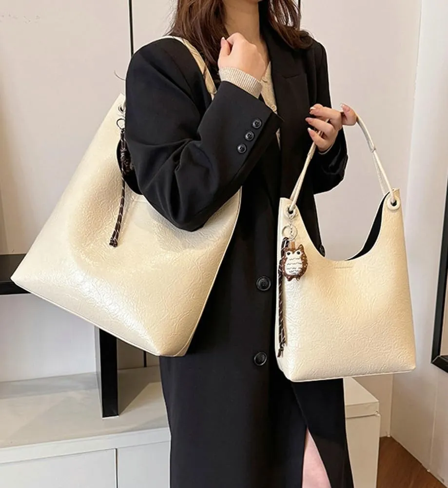 Trendy Leather Bucket Tote Bag for Women Retro Shoulder Bag Top Handle Purse Work Commuter Handbag Large Capacity 2 Pcs