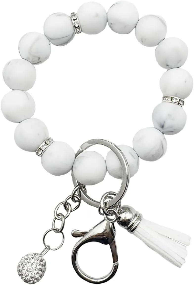 Unpafcxddyig Silicone Bead Keychain Bracelet Women Wristlet Key Ring Bangle Chains with Tassel