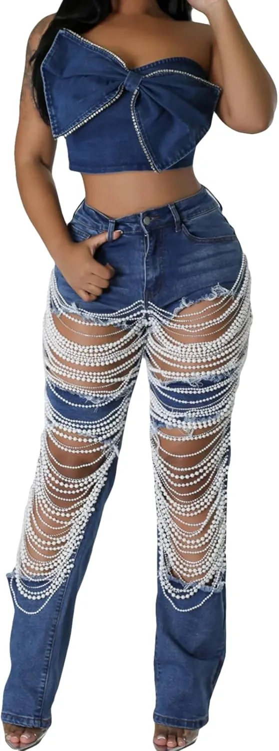 Vaceky Pearl Ripped Jeans Womens High Waist Stretchy Straight Leg Y2K Western Denim Pant