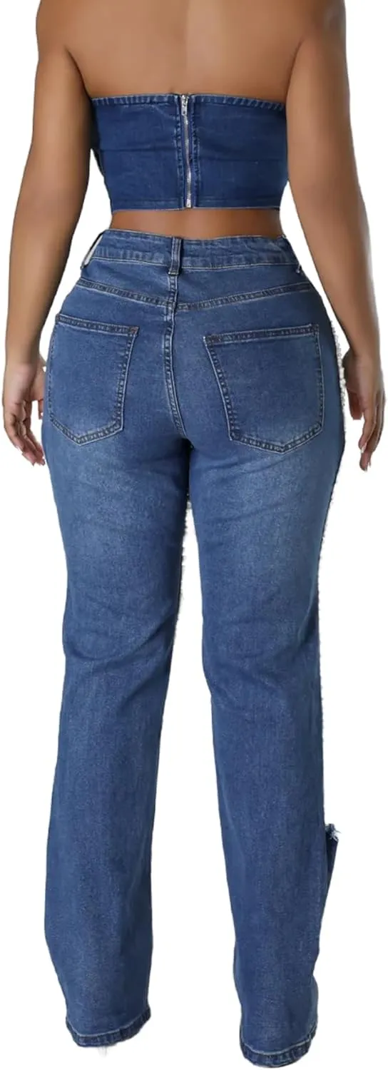 Vaceky Pearl Ripped Jeans Womens High Waist Stretchy Straight Leg Y2K Western Denim Pant